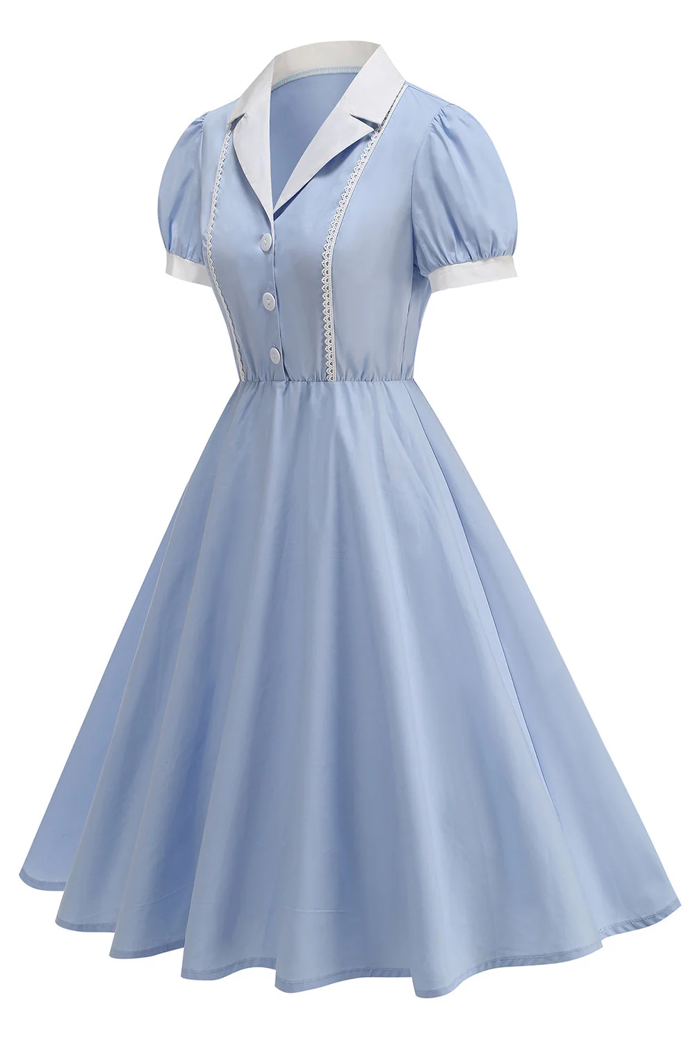 Notched Lapel Blue A Line Single Breasted 1950s Dress - Image 3