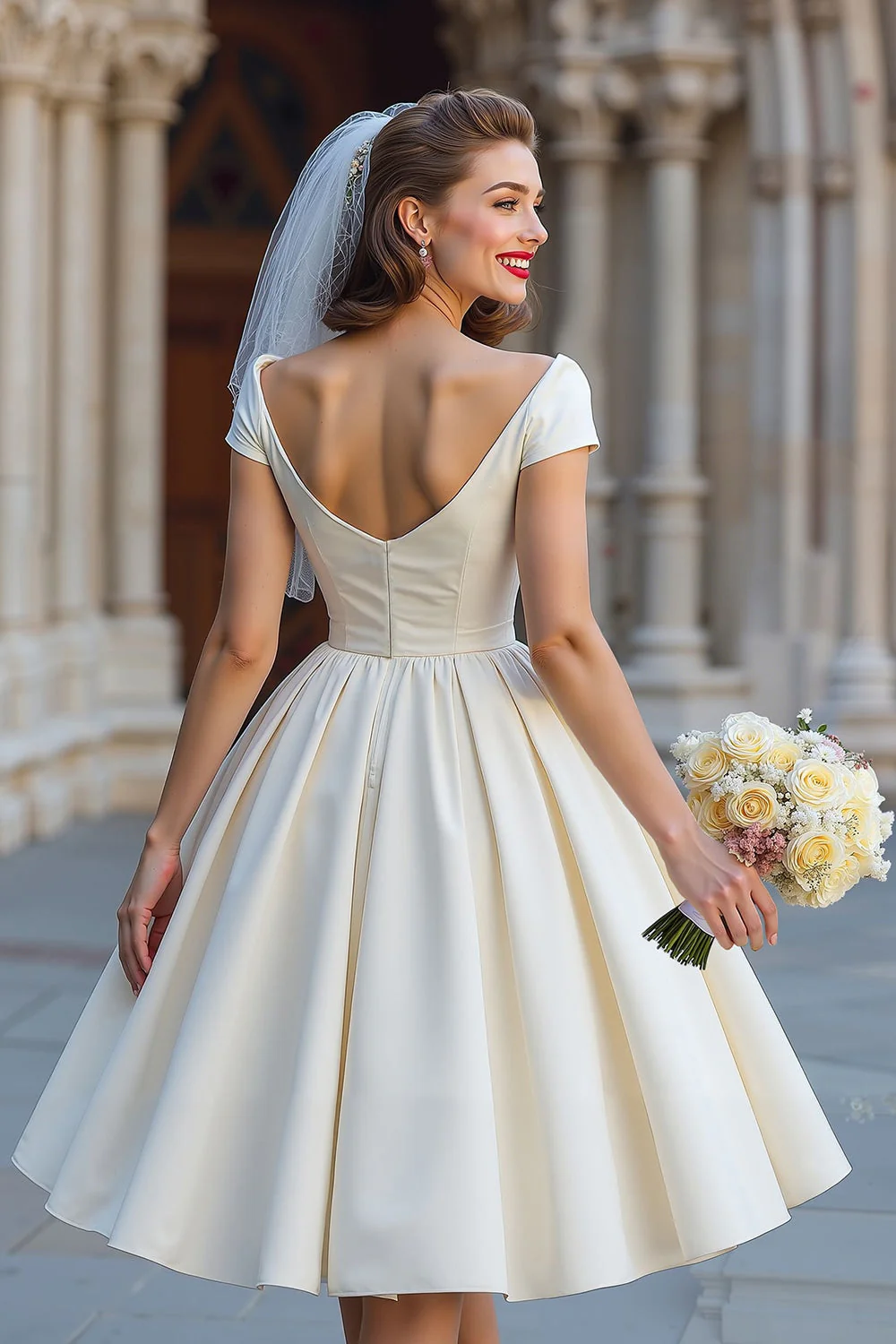 Off the Shouder Ivory Short Wedding Dress with Bow - Image 2