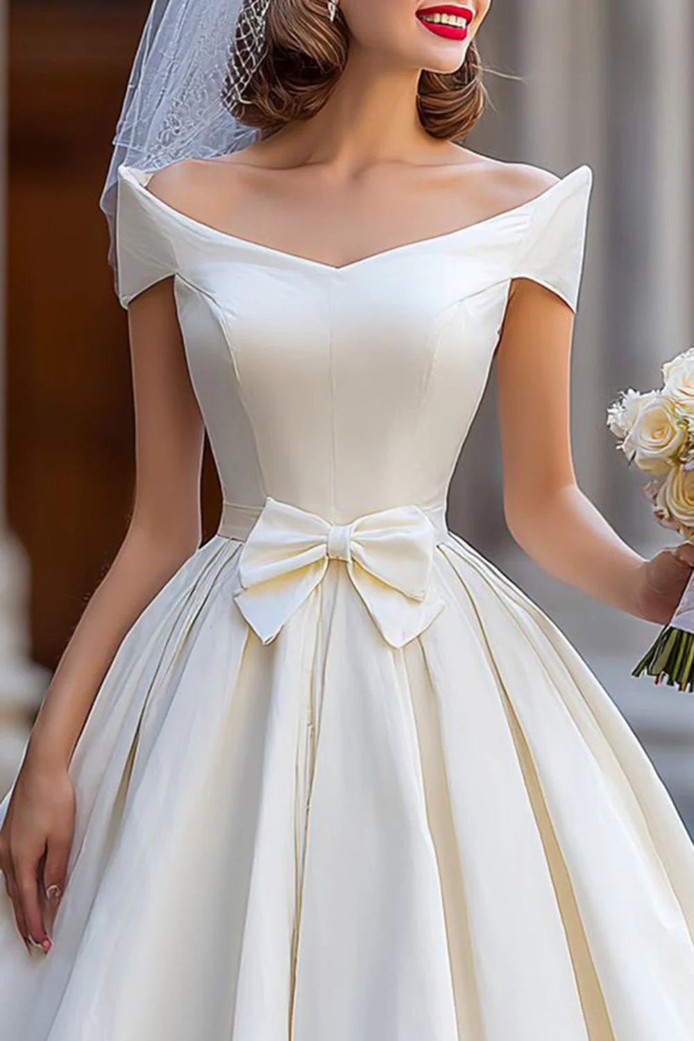 Off the Shouder Ivory Short Wedding Dress with Bow - Image 3