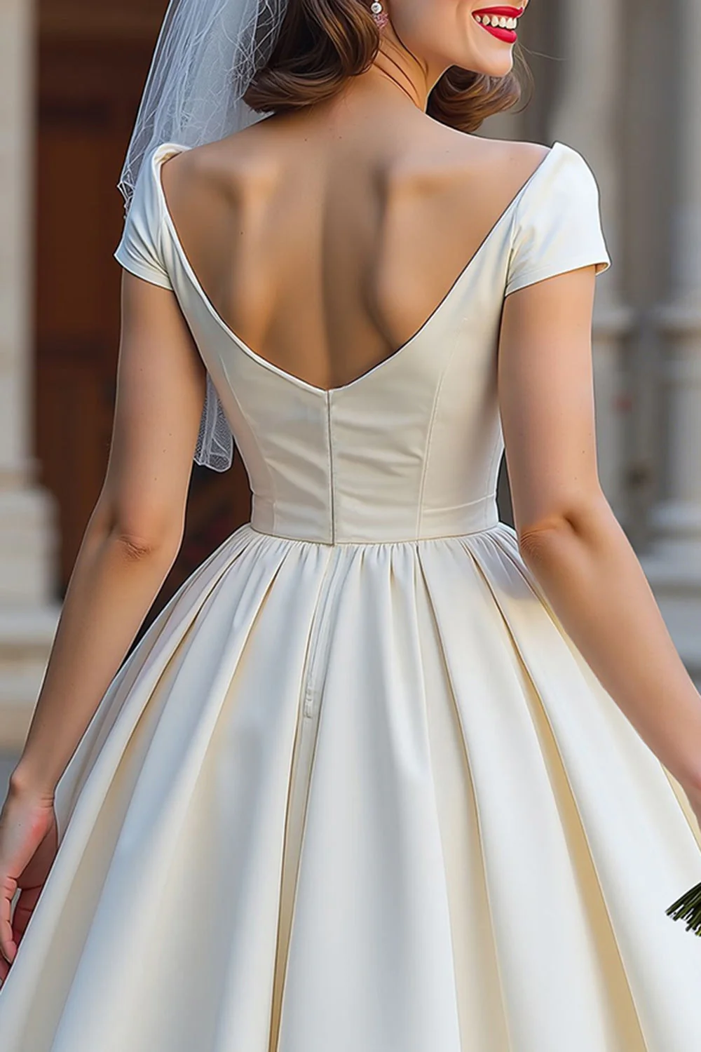 Off the Shouder Ivory Short Wedding Dress with Bow - Image 4