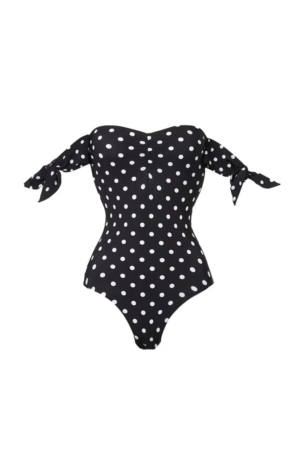 Off the Shoulder 2 Piece Black White Dots Swimsuit with Cover Up Skirt - Image 2
