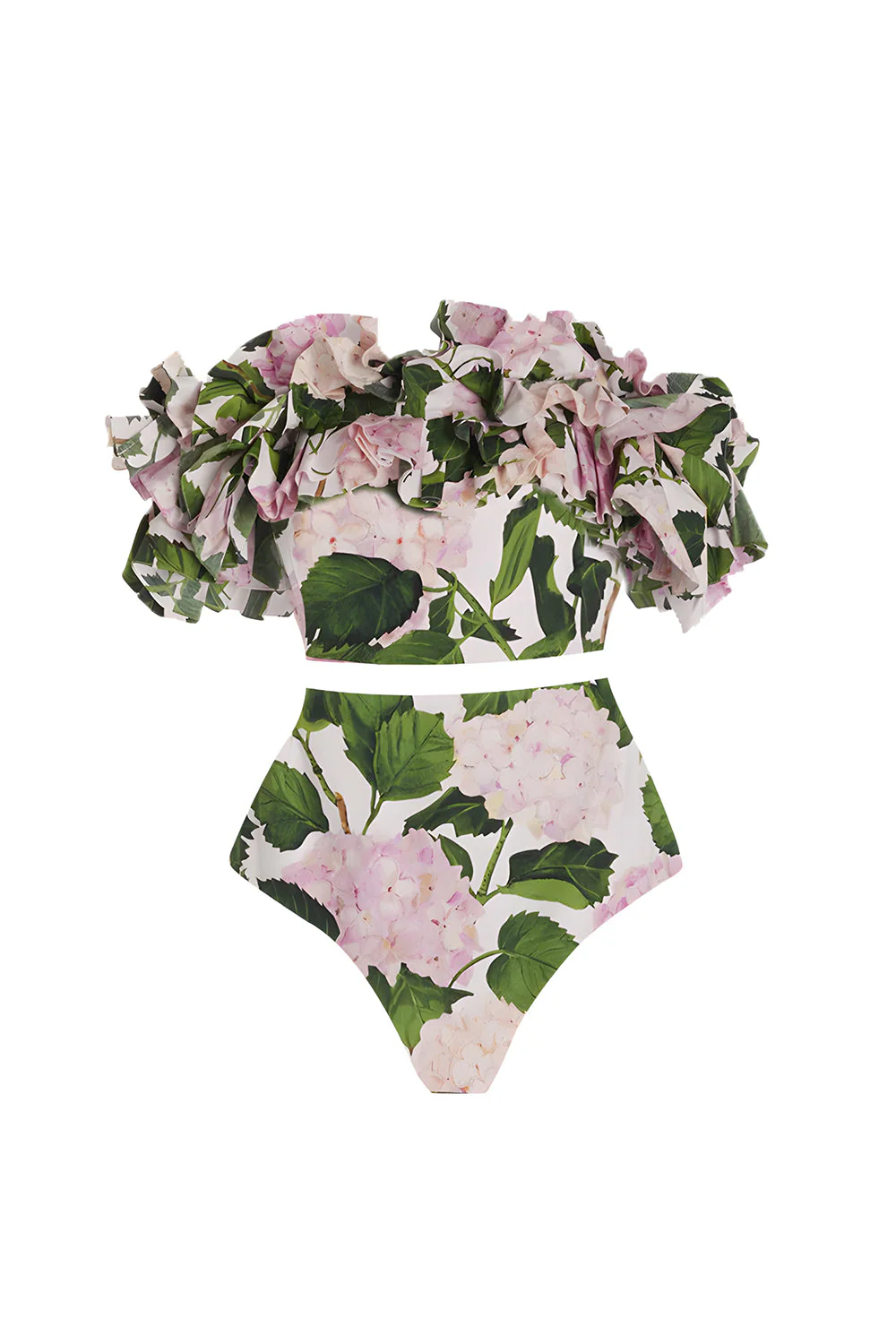 Off The Shoulder 3 Piece Green Pink Floral Ruffled Swimwear with Cover Up - Image 2