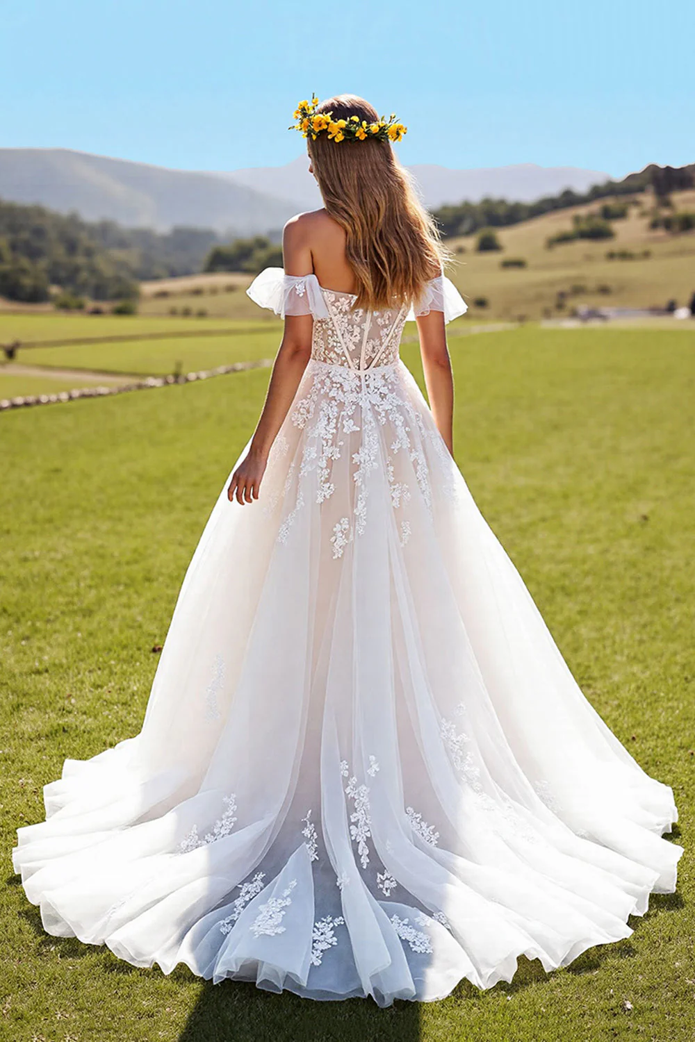Off The Shoulder A Line Appliqued Ivory Corset Wedding Dress - Image 2