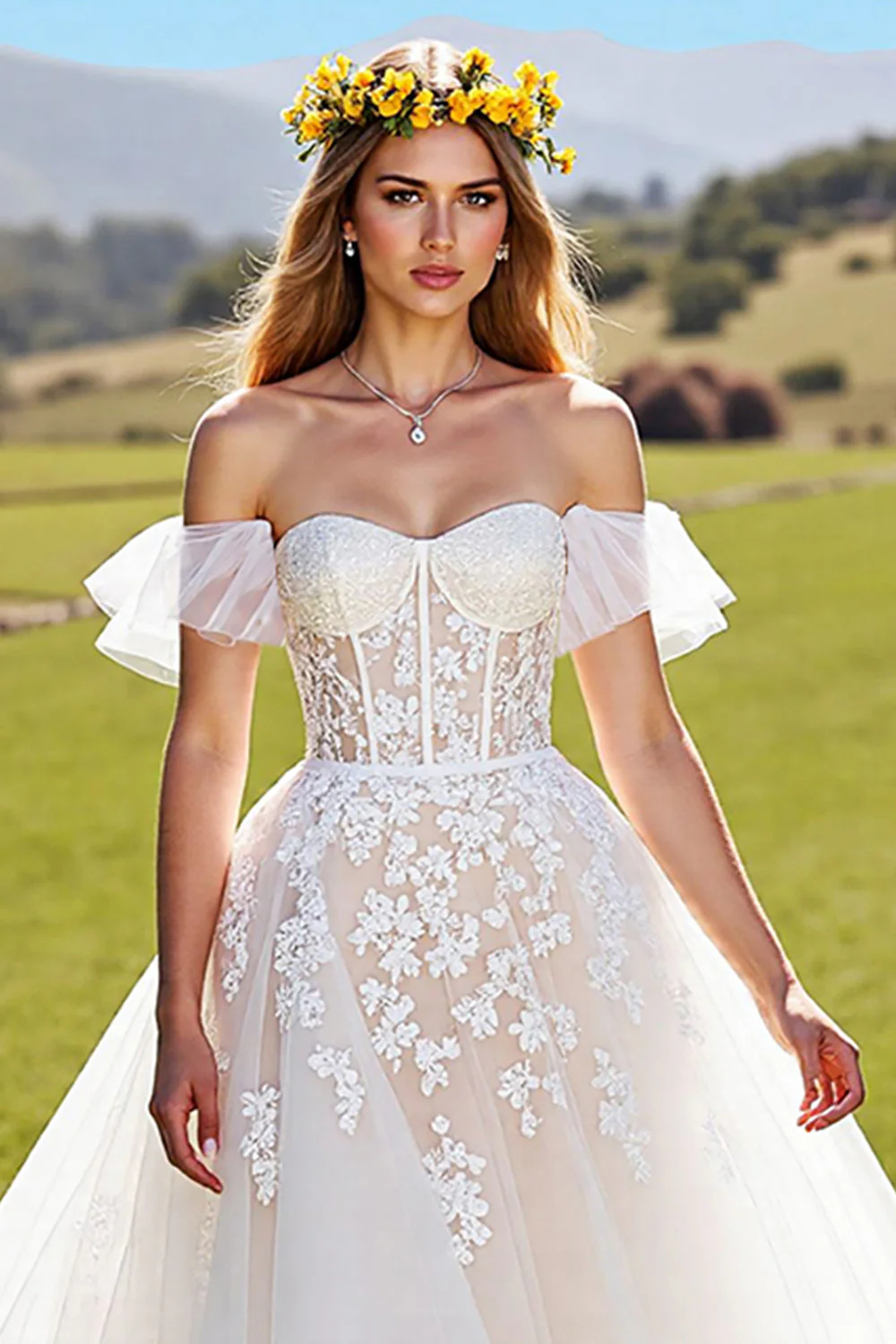 Off The Shoulder A Line Appliqued Ivory Corset Wedding Dress - Image 3