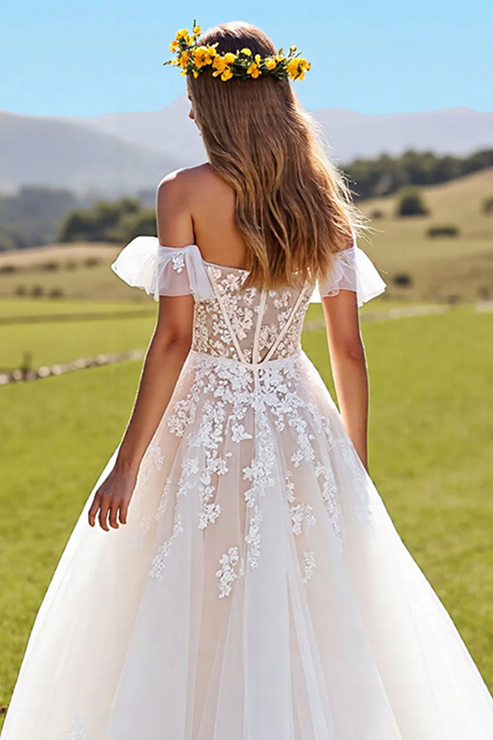 Off The Shoulder A Line Appliqued Ivory Corset Wedding Dress - Image 4