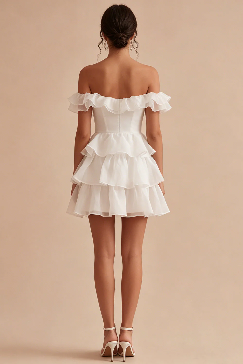 Off the Shoulder White A Line Tiered Ruffle Graduation Dress - Image 2