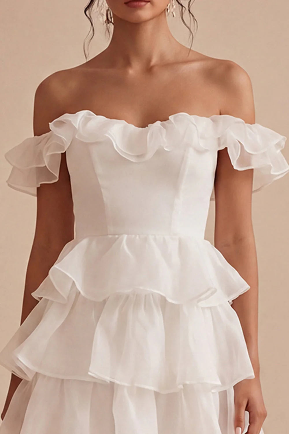 Off the Shoulder White A Line Tiered Ruffle Graduation Dress - Image 3