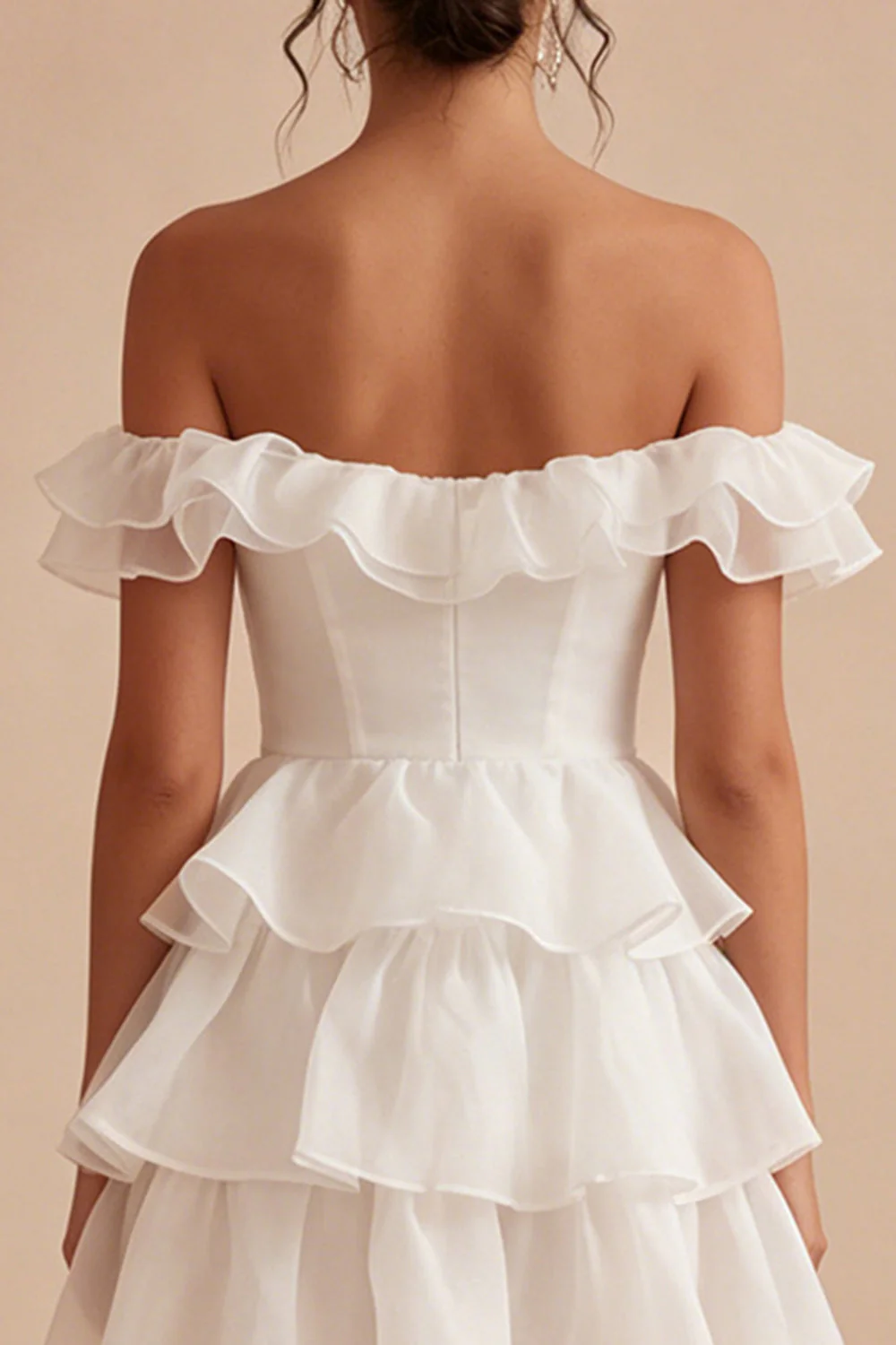 Off the Shoulder White A Line Tiered Ruffle Graduation Dress - Image 4