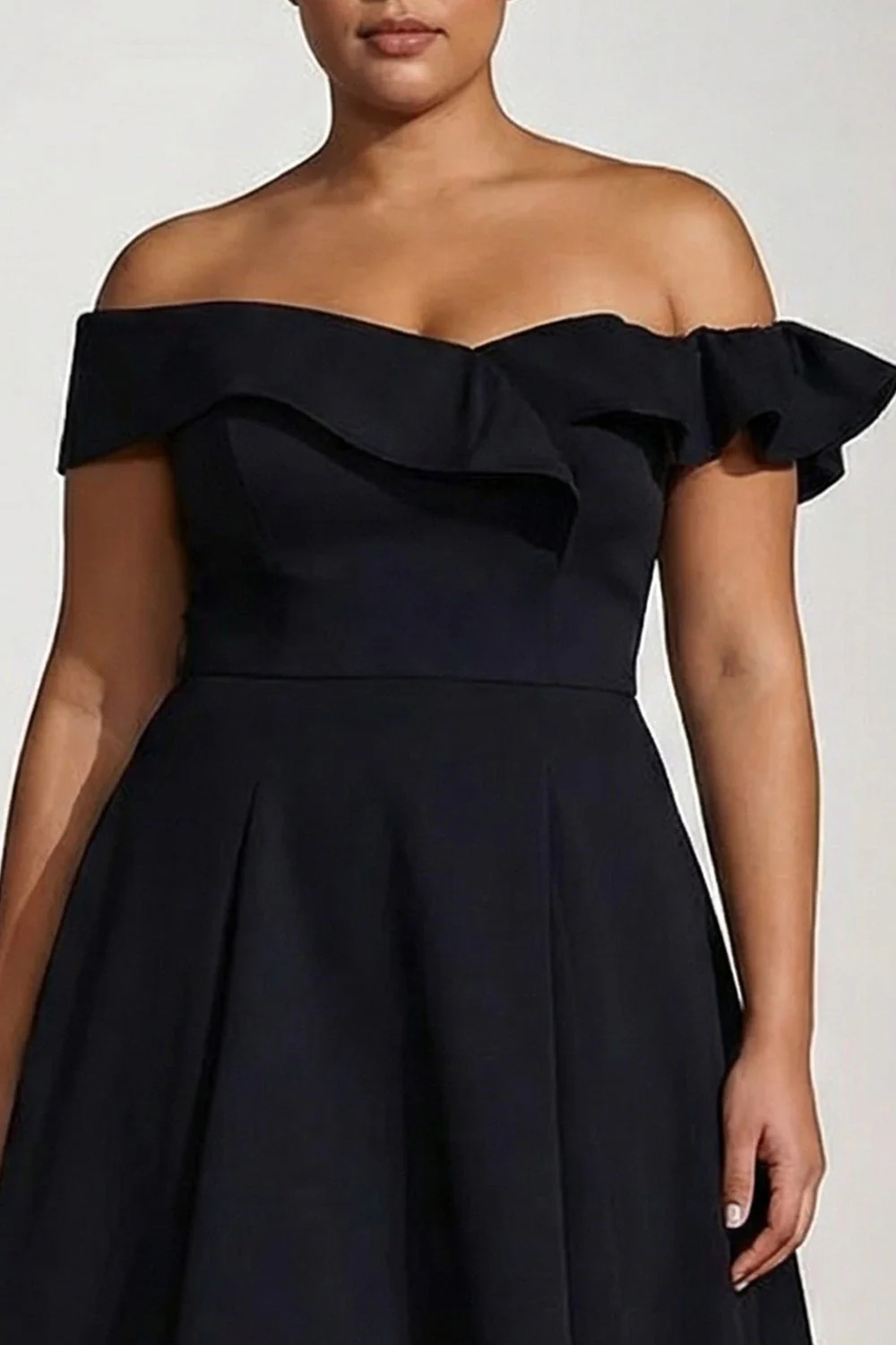 Off The Shoulder A Line Plus Size Black Satin Evening Dress - Image 3