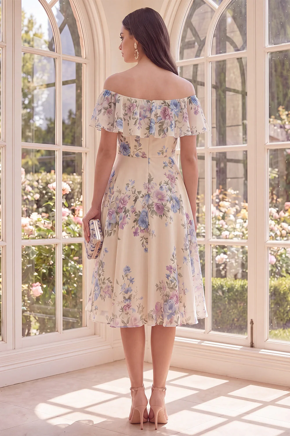 Off the Shoulder Apricot A Line Midi Floral Dress with Ruffles - Image 2