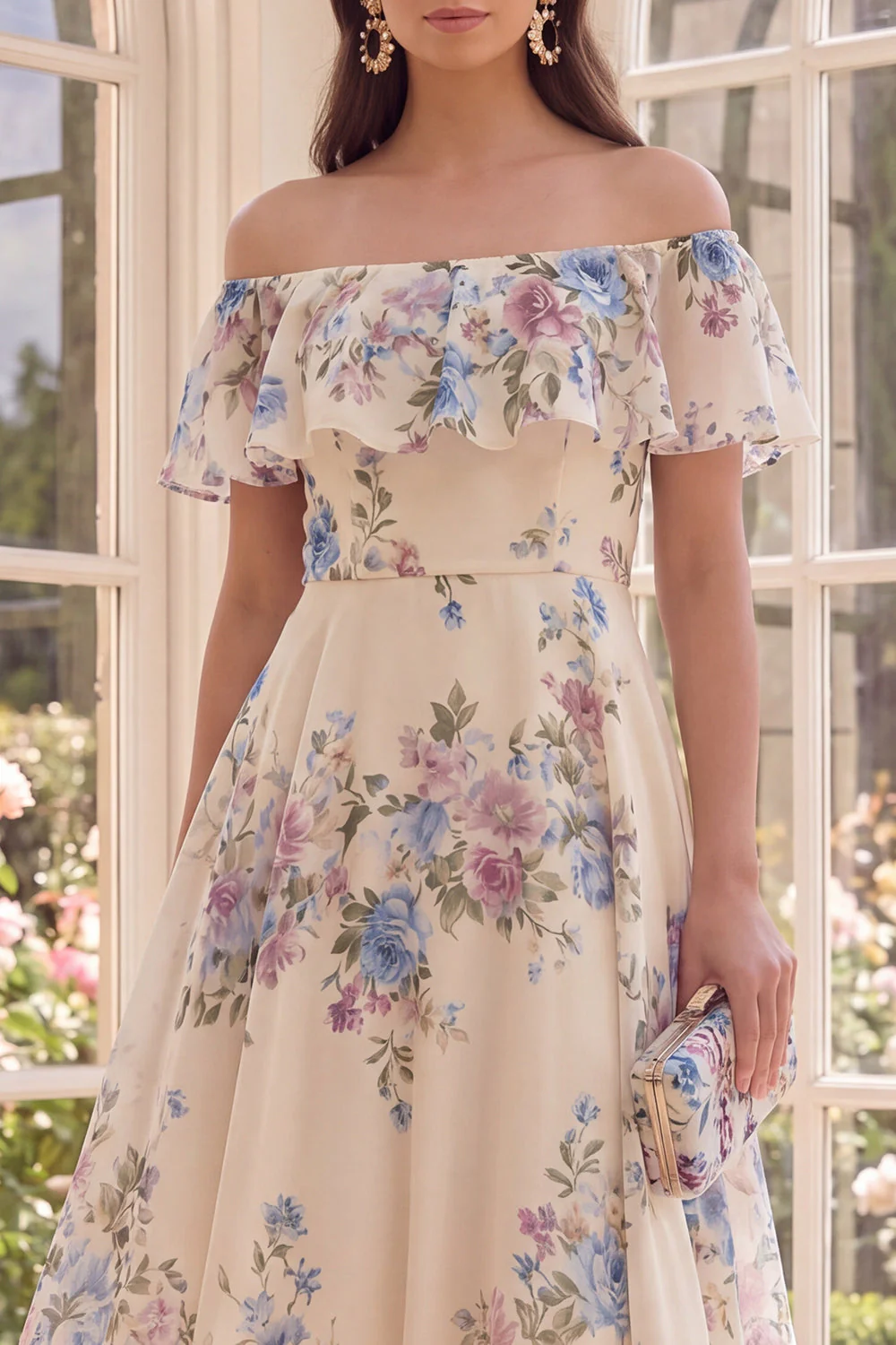 Off the Shoulder Apricot A Line Midi Floral Dress with Ruffles - Image 3