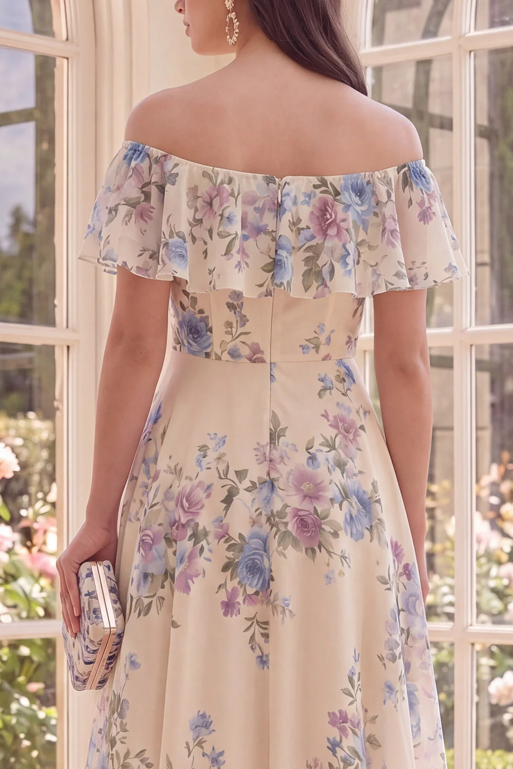 Off the Shoulder Apricot A Line Midi Floral Dress with Ruffles - Image 4