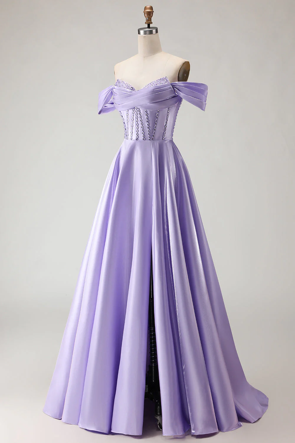 Off The Shoulder Beaded A Line Purple Corset Long Prom Dress with Slit - Image 3