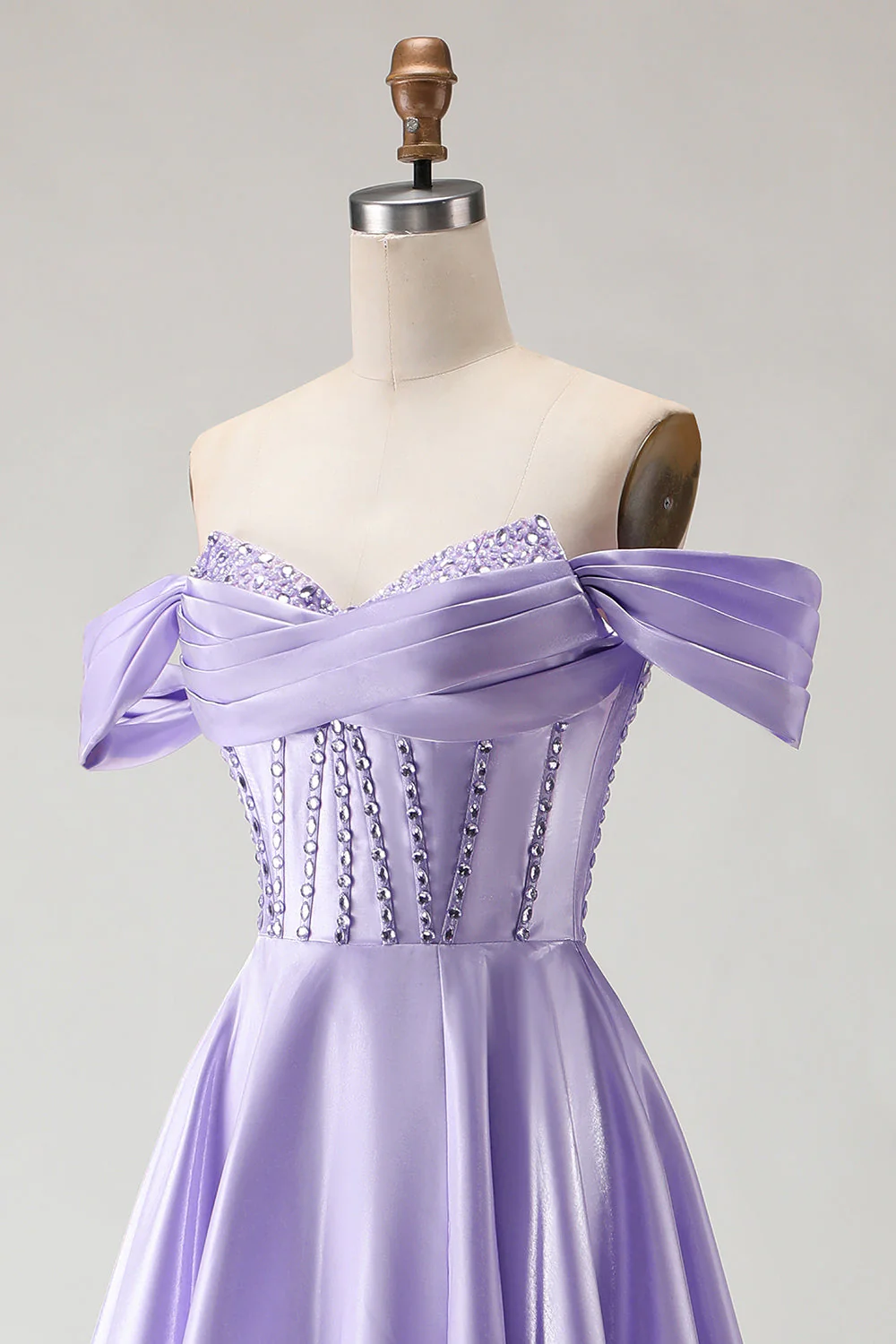 Off The Shoulder Beaded A Line Purple Corset Long Prom Dress with Slit - Image 6