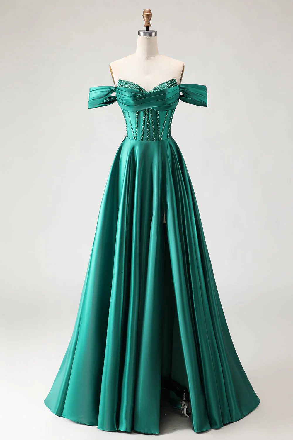 Off The Shoulder Beaded A Line Purple Corset Long Prom Dress with Slit - Image 7