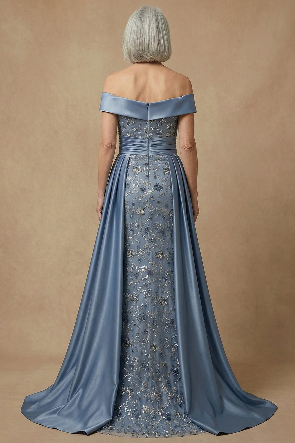 Off The Shoulder Beaded Dusty Blue Sequin Long Mother of the Bride Dress - Image 2