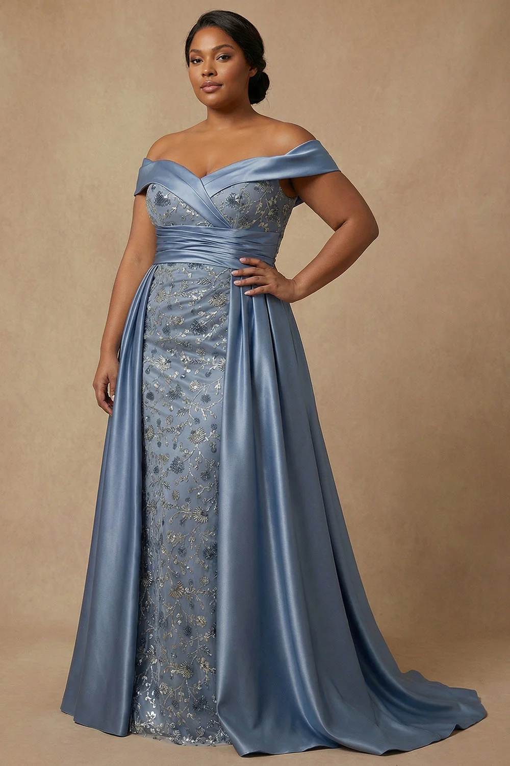 Off The Shoulder Beaded Dusty Blue Sequin Long Mother of the Bride Dress - Image 3