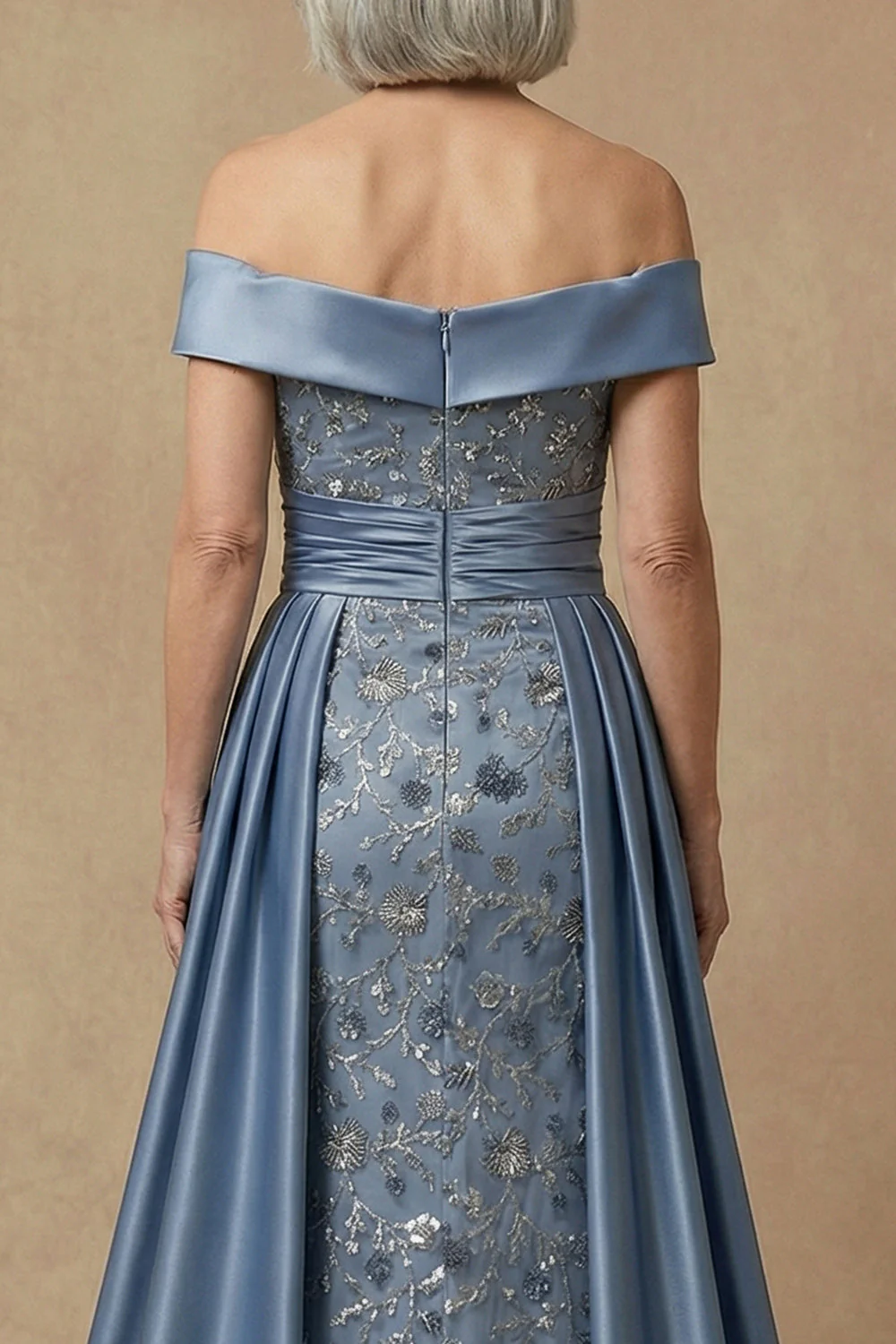 Off The Shoulder Beaded Dusty Blue Sequin Long Mother of the Bride Dress - Image 5