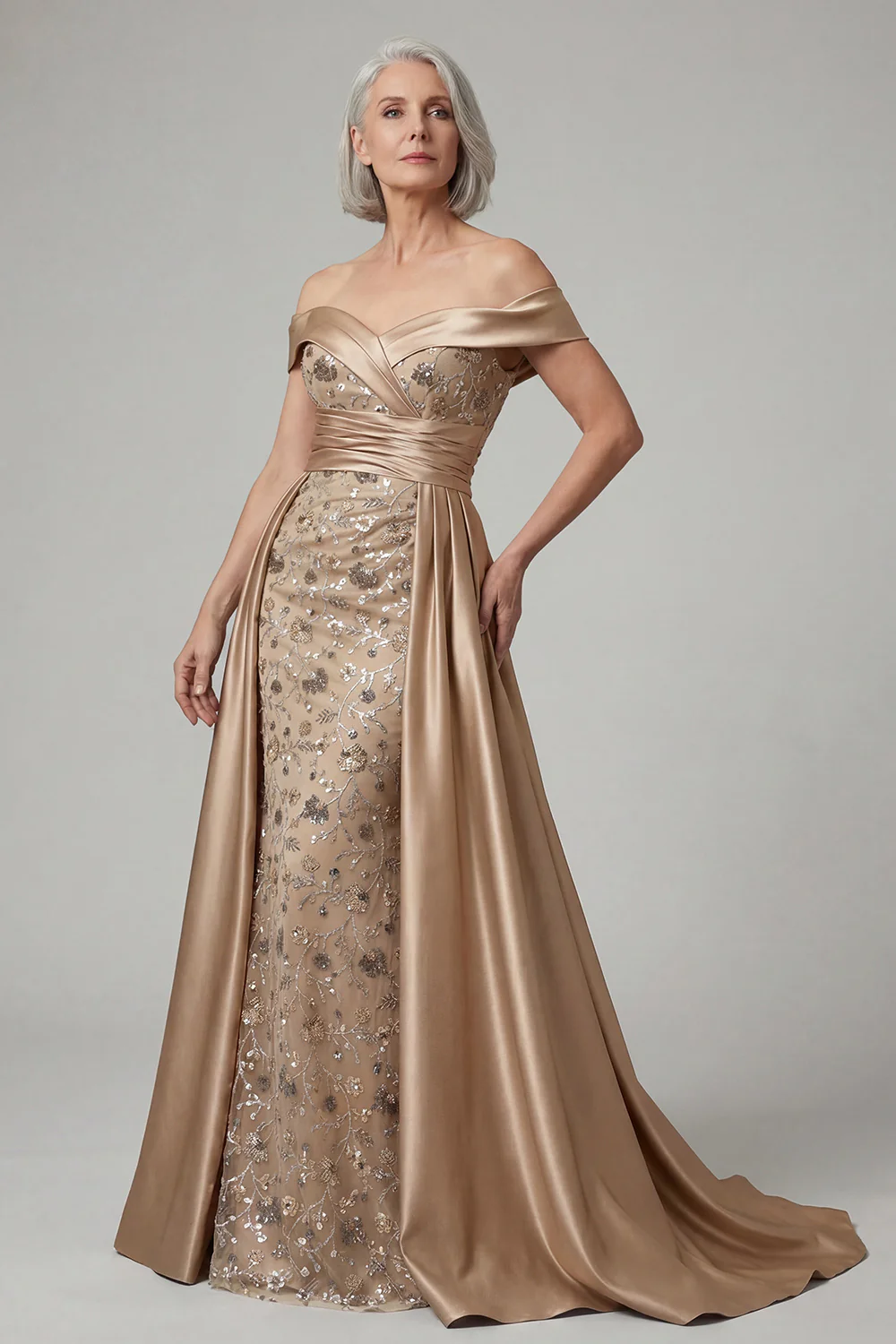 Off The Shoulder Beaded Dusty Blue Sequin Long Mother of the Bride Dress - Image 6