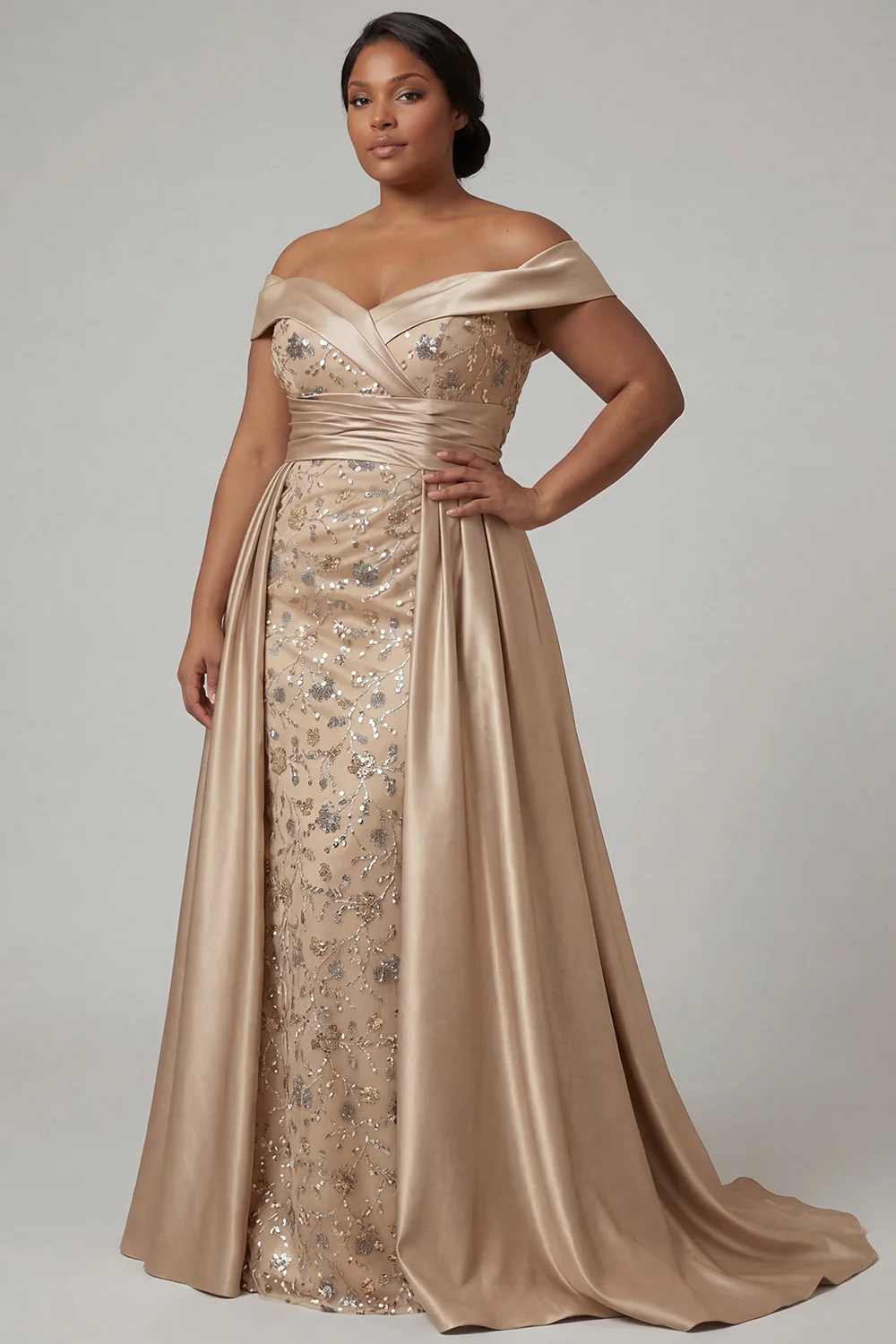 Off The Shoulder Beaded Dusty Blue Sequin Long Mother of the Bride Dress - Image 7