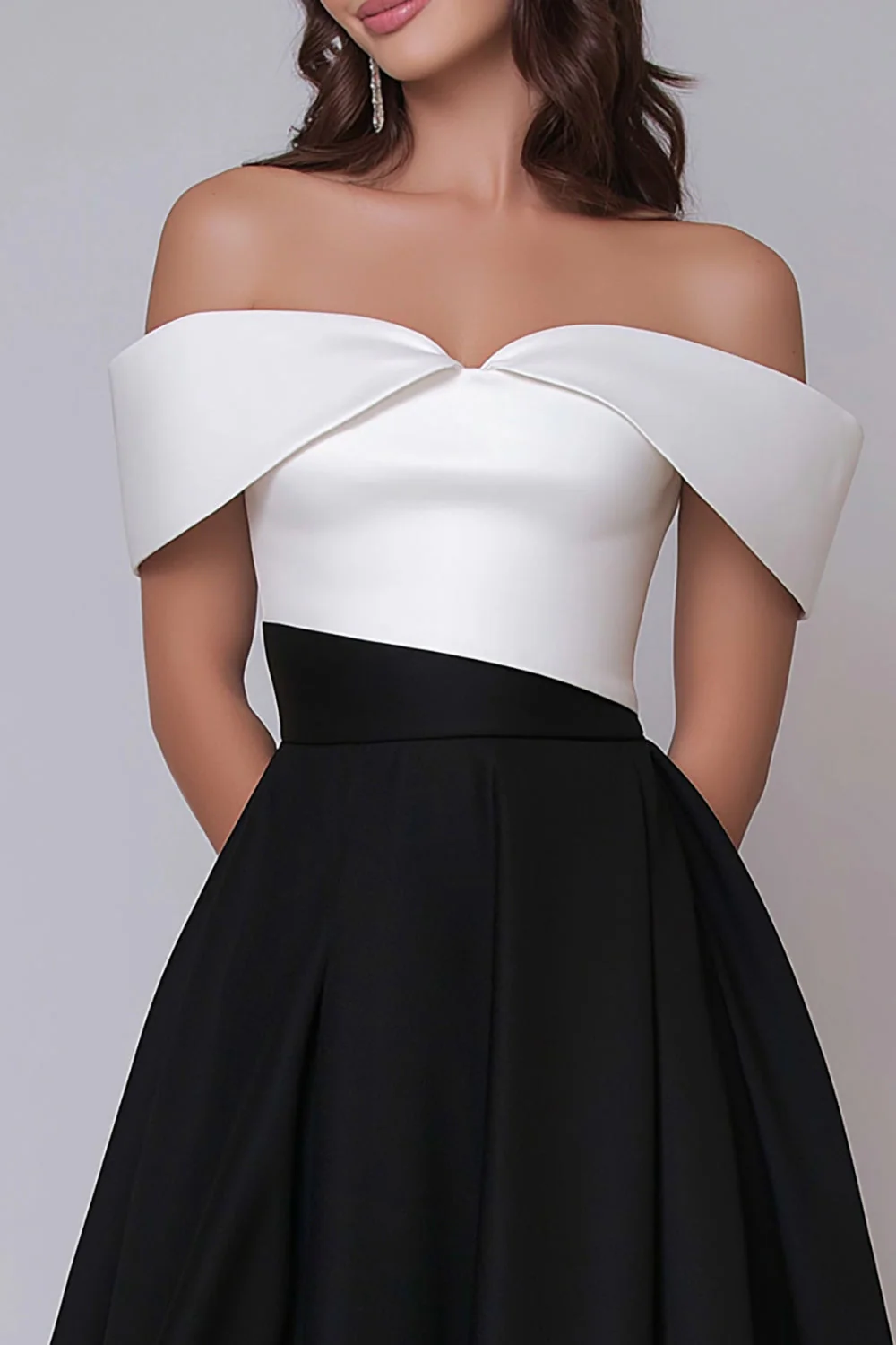 Off the Shoulder Black and White A Line Long Evening Dress - Image 2