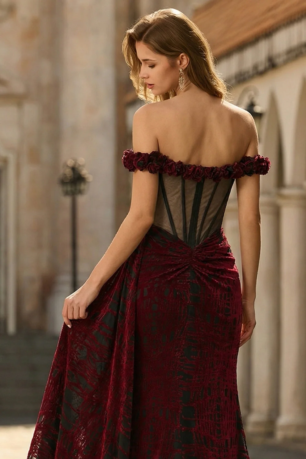 Off The Shoulder Black Red Corset Mermaid Long Prom Dress with Slit - Image 3