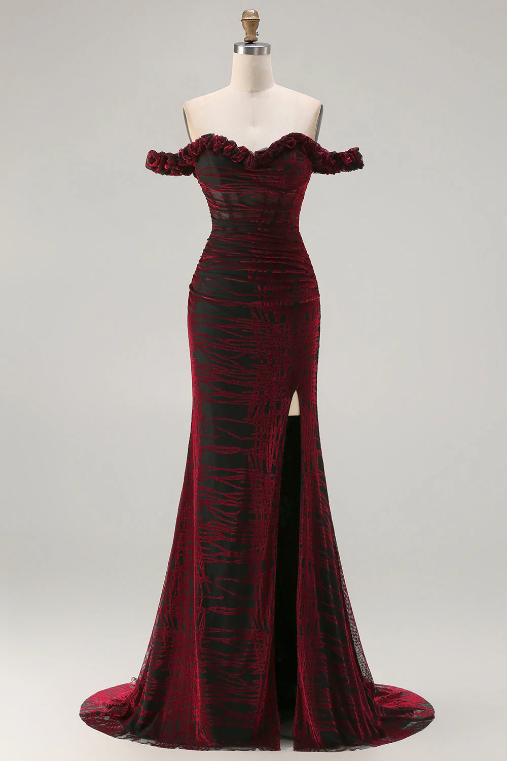 Off The Shoulder Black Red Corset Mermaid Long Prom Dress with Slit - Image 5