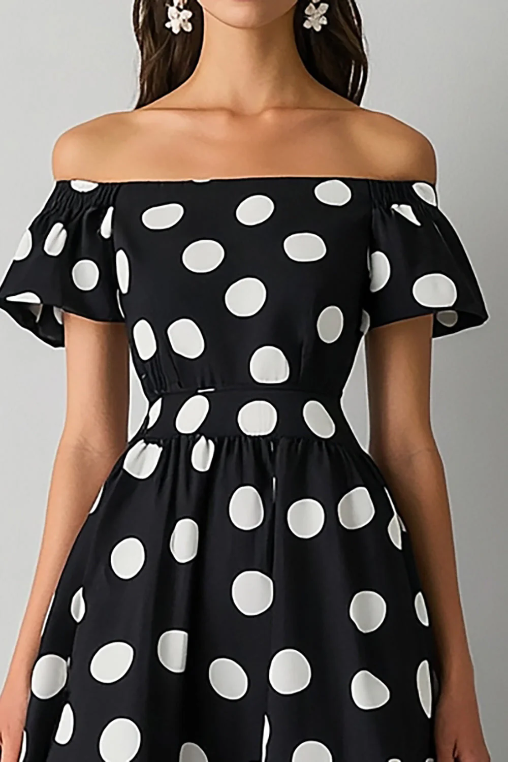 Off The Shoulder Black White A Line Polka Dots Dress - Image 2