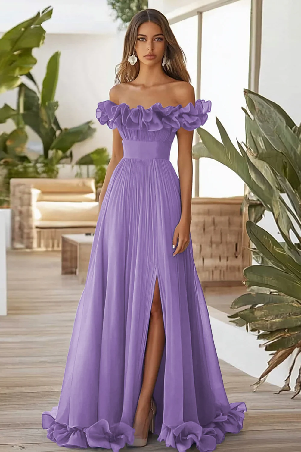 Off The Shoulder Blue A Line Formal Dress With Slit - Image 10