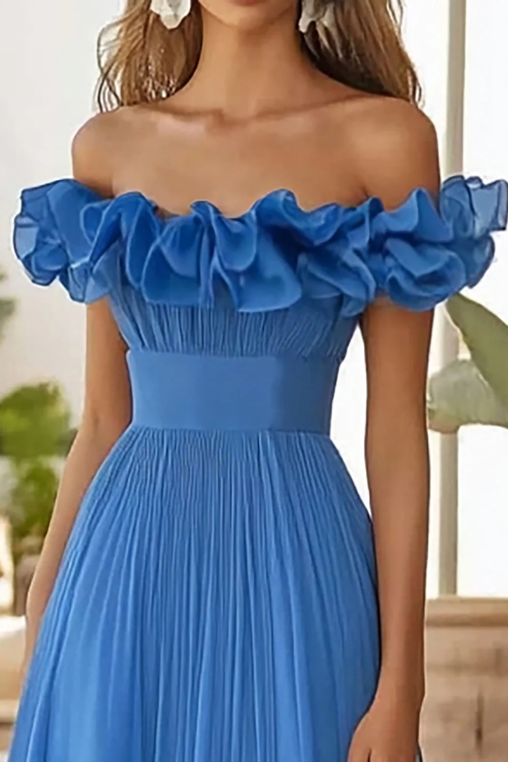 Off The Shoulder Blue A Line Formal Dress With Slit - Image 2