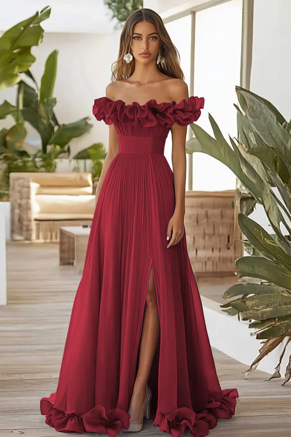 Off The Shoulder Blue A Line Formal Dress With Slit - Image 3