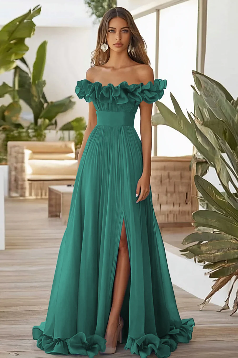 Off The Shoulder Blue A Line Formal Dress With Slit - Image 4