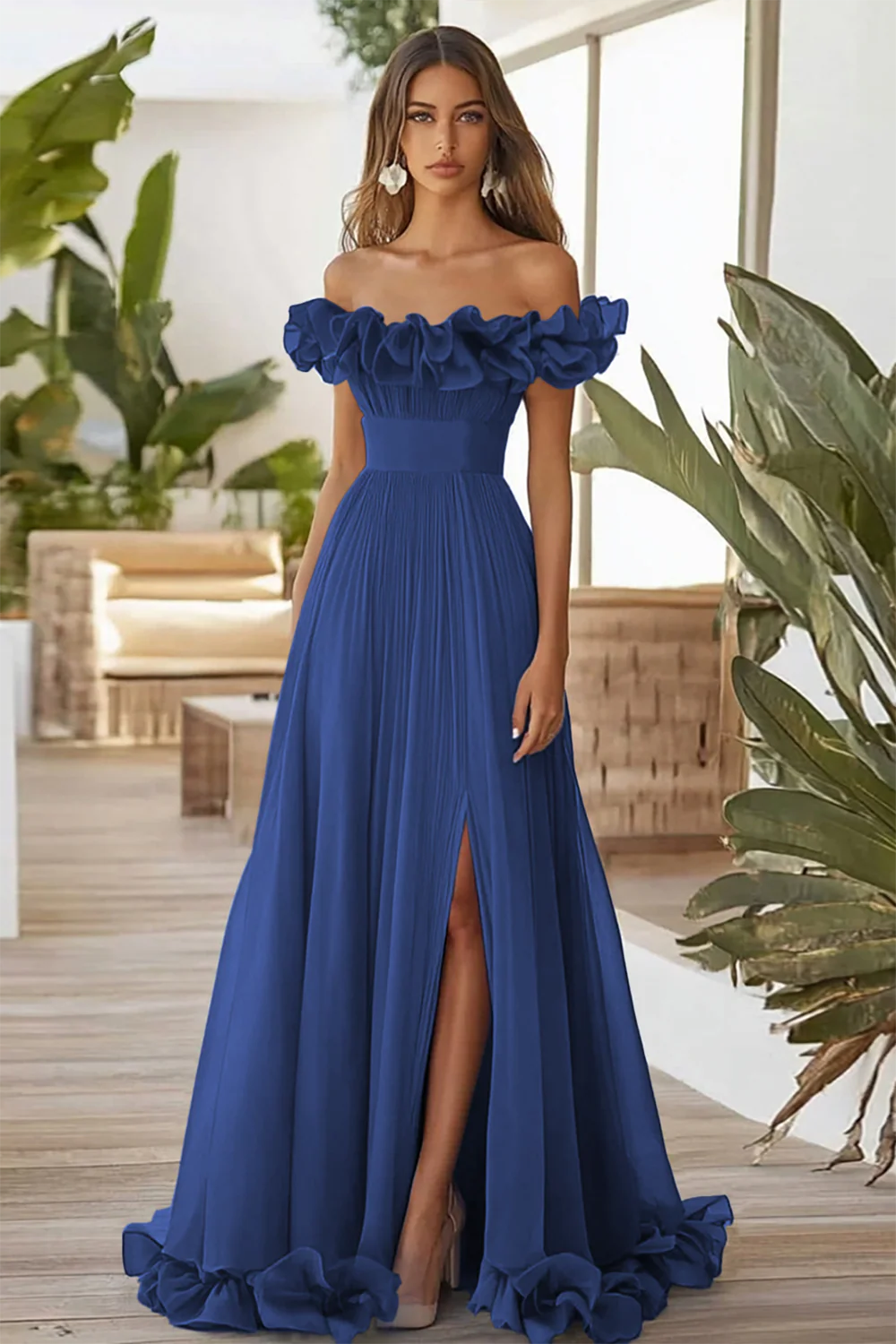 Off The Shoulder Blue A Line Formal Dress With Slit - Image 5