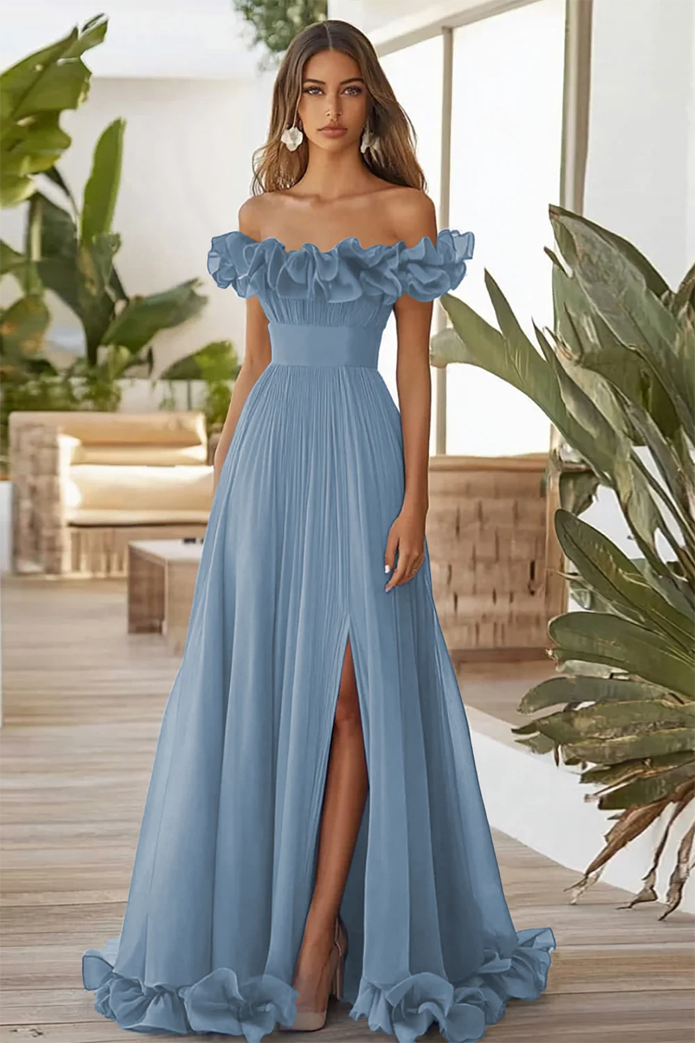 Off The Shoulder Blue A Line Formal Dress With Slit - Image 6
