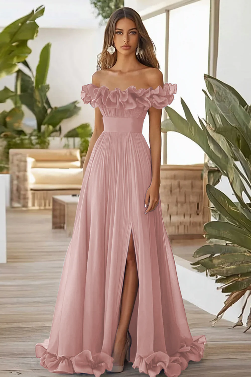 Off The Shoulder Blue A Line Formal Dress With Slit - Image 7