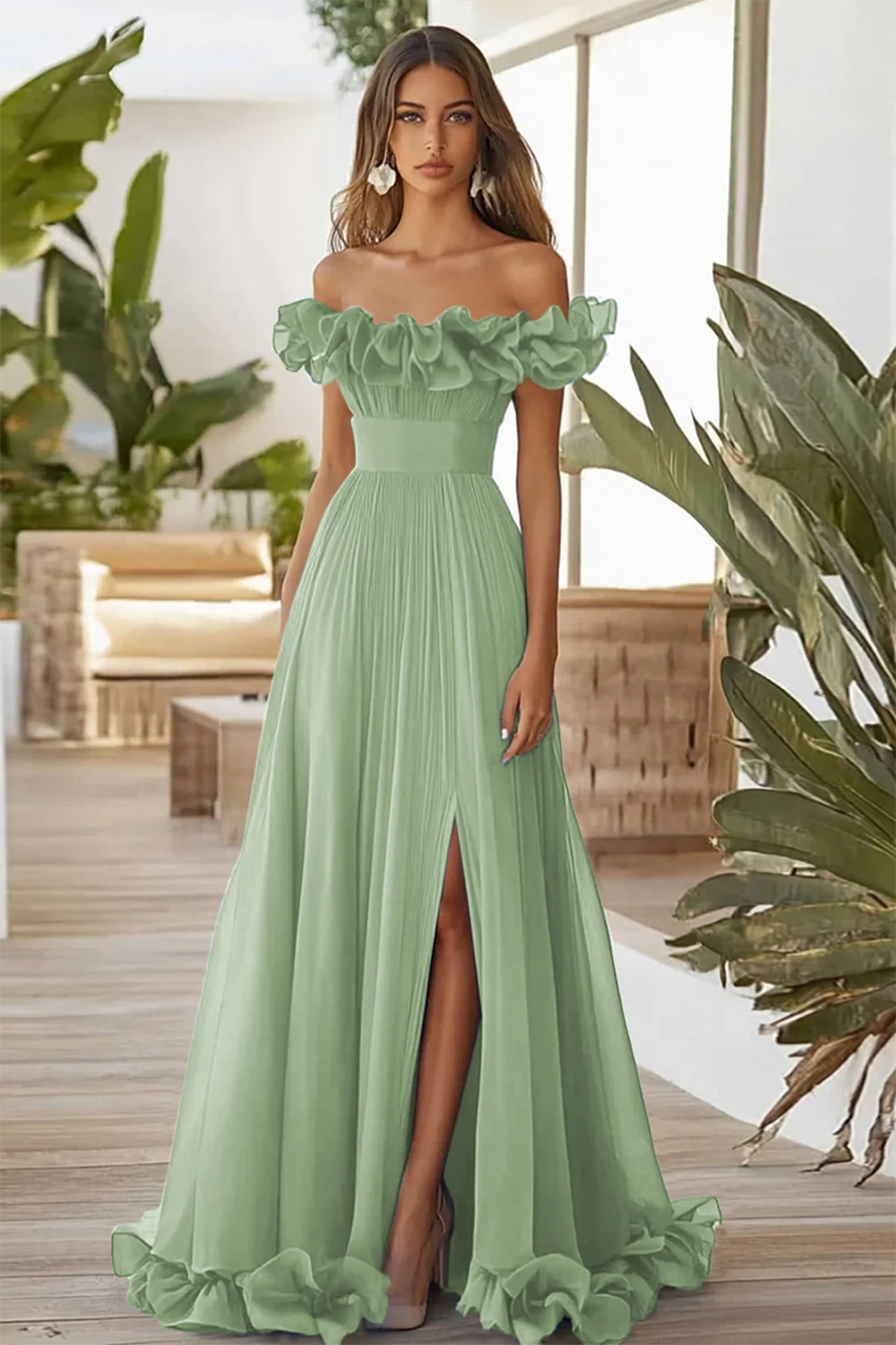 Off The Shoulder Blue A Line Formal Dress With Slit - Image 8