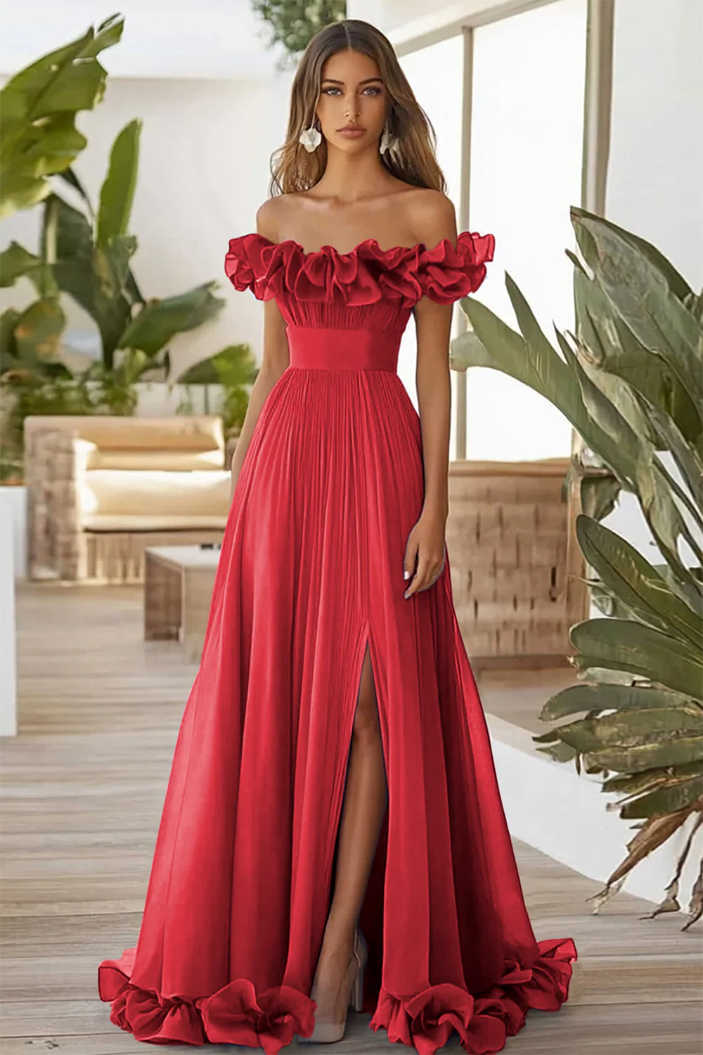 Off The Shoulder Blue A Line Formal Dress With Slit - Image 9