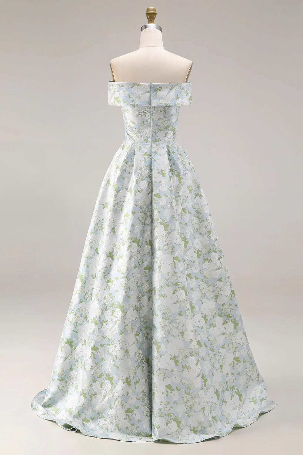Off The Shoulder Blue White Flower A-Line Printed Satin Long Prom Dress with Slit - Image 2