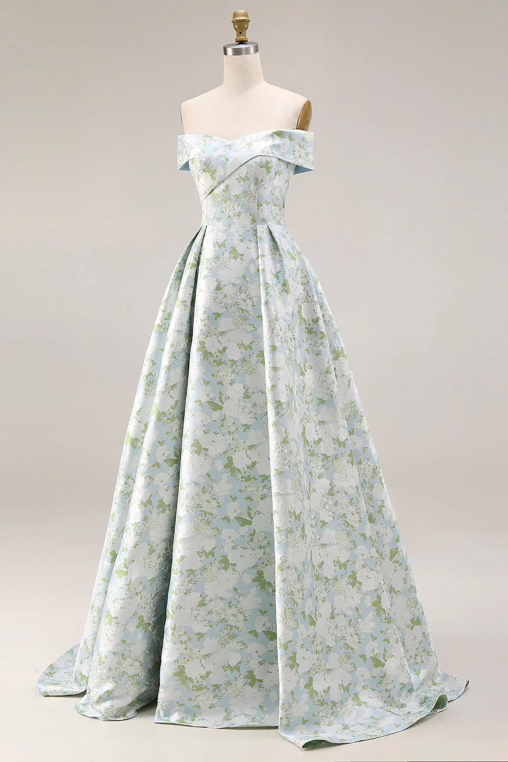 Off The Shoulder Blue White Flower A-Line Printed Satin Long Prom Dress with Slit - Image 3