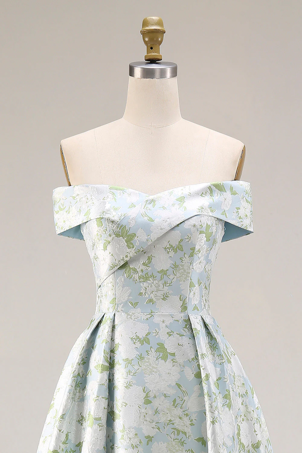 Off The Shoulder Blue White Flower A-Line Printed Satin Long Prom Dress with Slit - Image 4