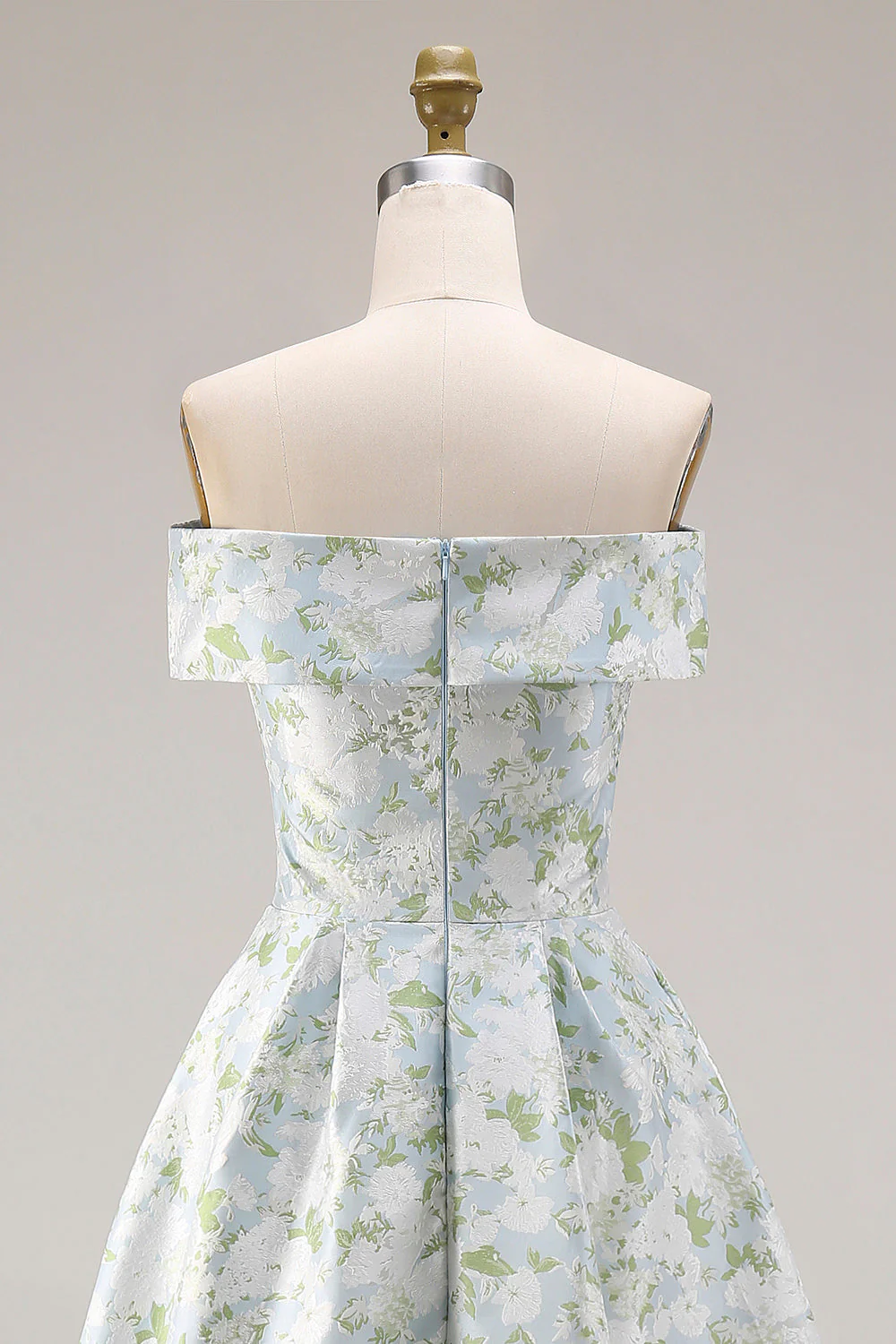 Off The Shoulder Blue White Flower A-Line Printed Satin Long Prom Dress with Slit - Image 5