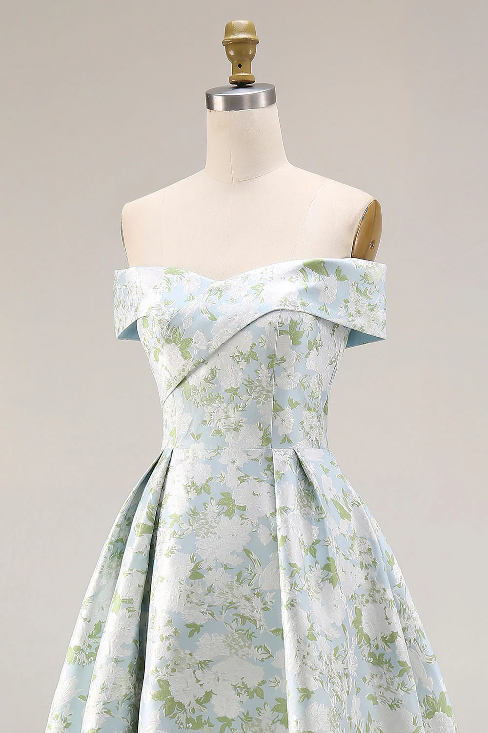 Off The Shoulder Blue White Flower A-Line Printed Satin Long Prom Dress with Slit - Image 6