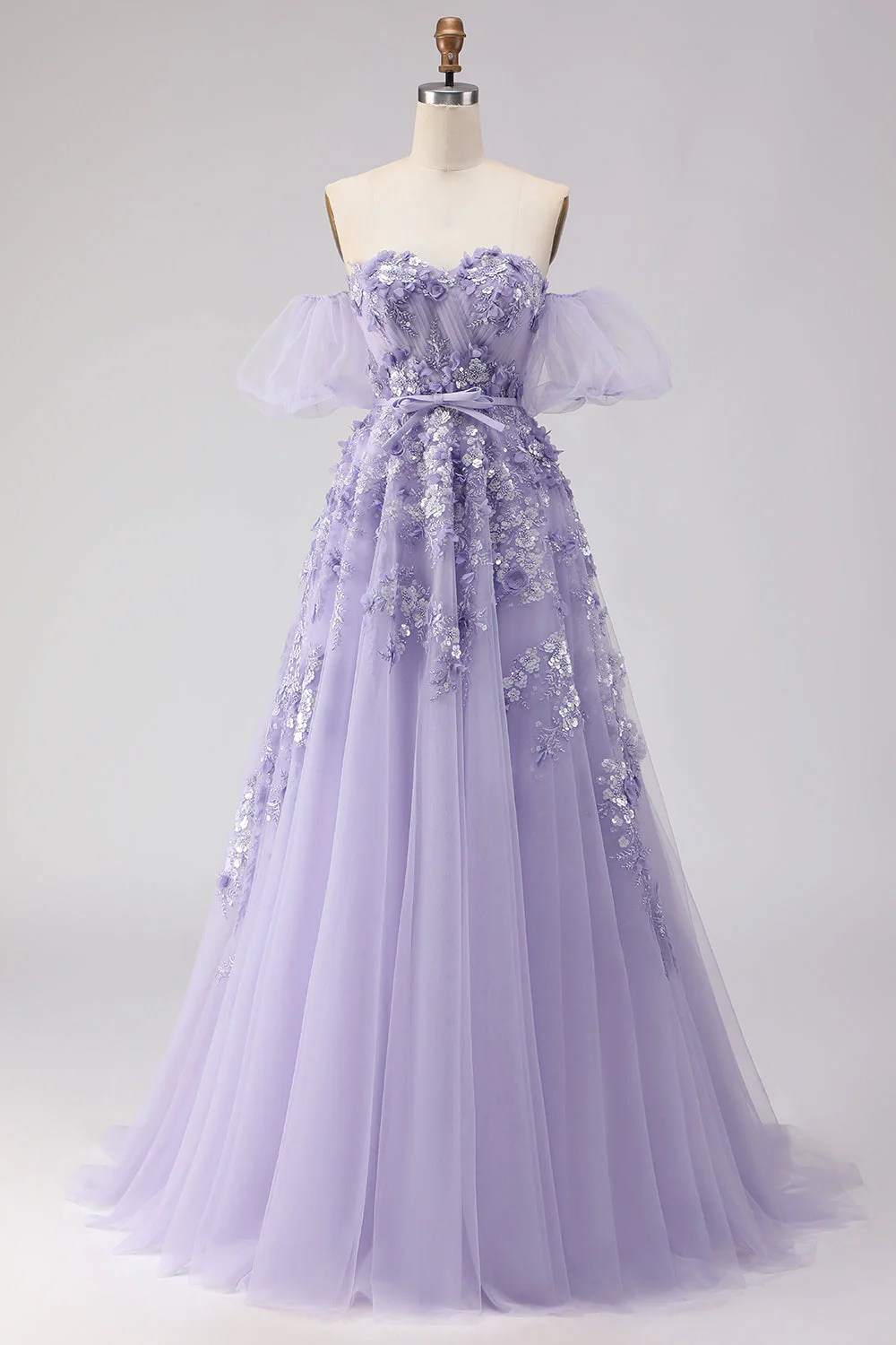 Off The Shoulder Blush A-Line Beaded Tulle Long Prom Dress with Removable Sleeves - Image 10