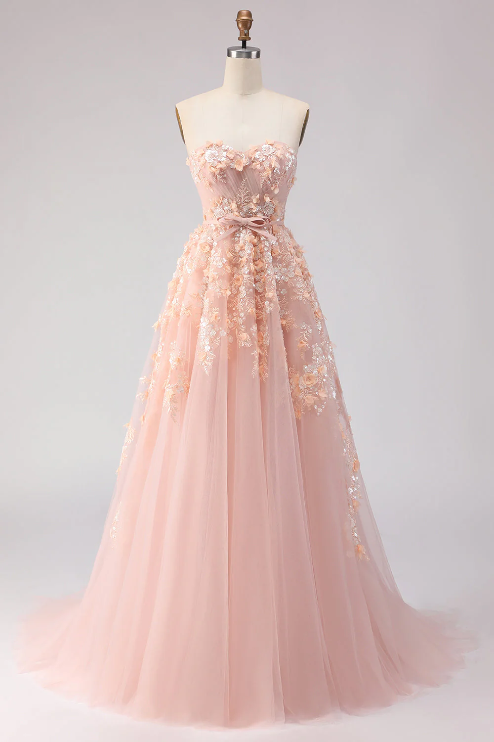 Off The Shoulder Blush A-Line Beaded Tulle Long Prom Dress with Removable Sleeves - Image 4