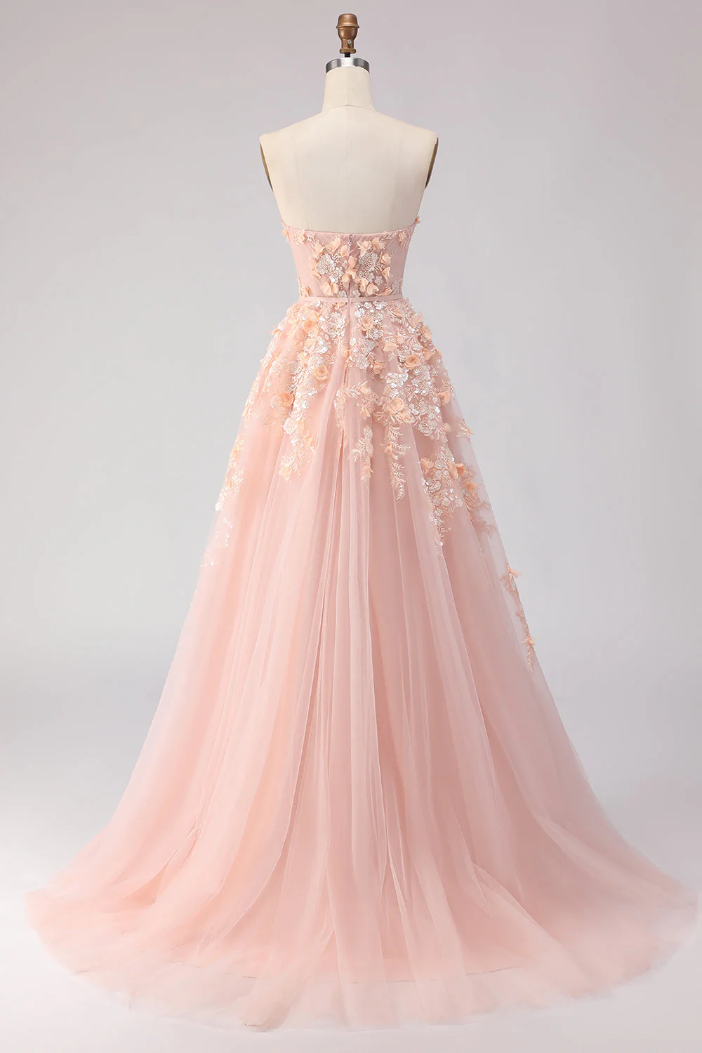 Off The Shoulder Blush A-Line Beaded Tulle Long Prom Dress with Removable Sleeves - Image 6