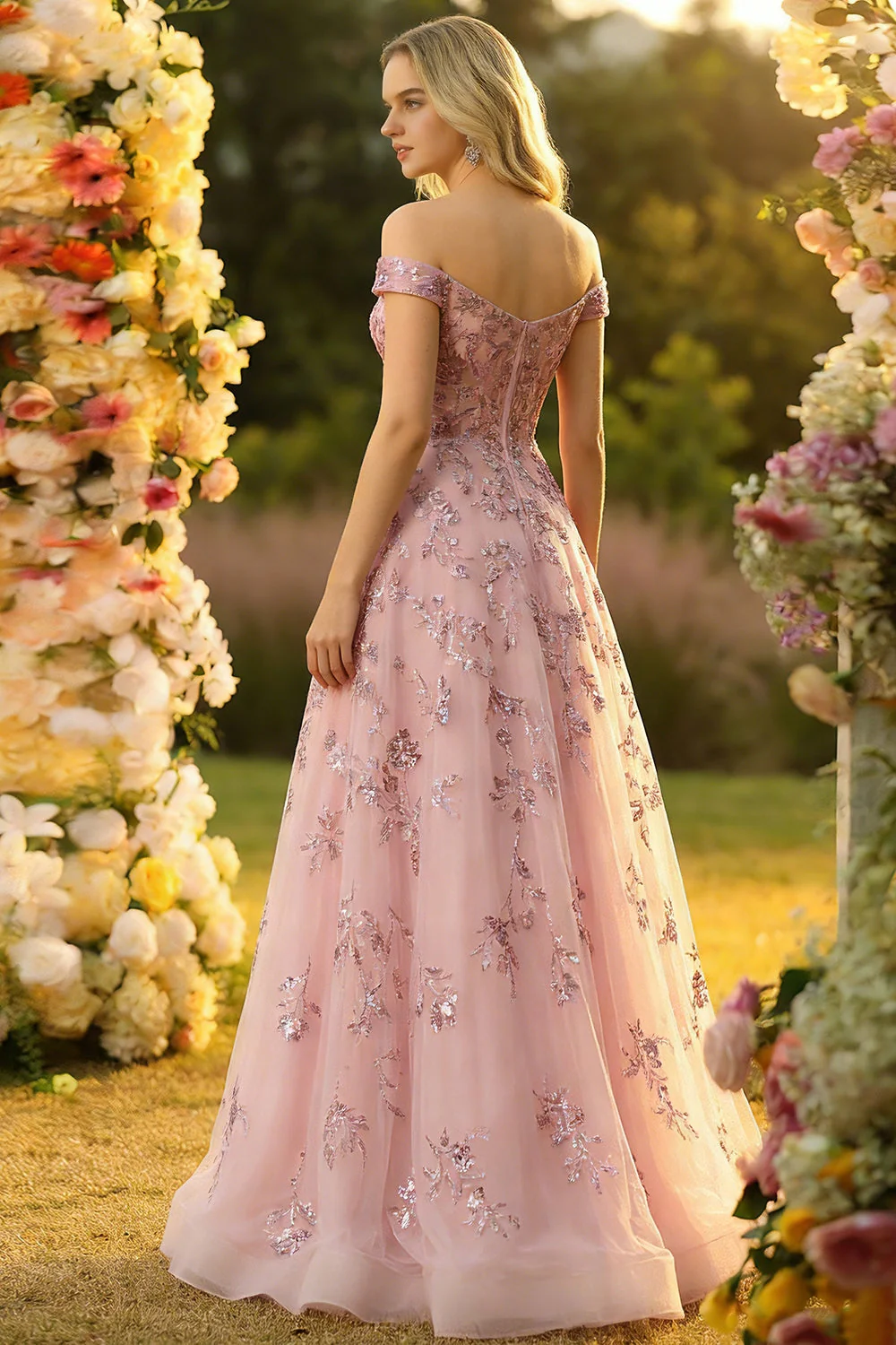Off The Shoulder Blush A Line Corset Sequin Long Prom Dress - Image 2