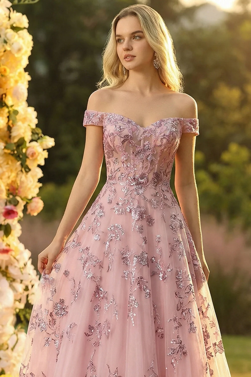Off The Shoulder Blush A Line Corset Sequin Long Prom Dress - Image 3