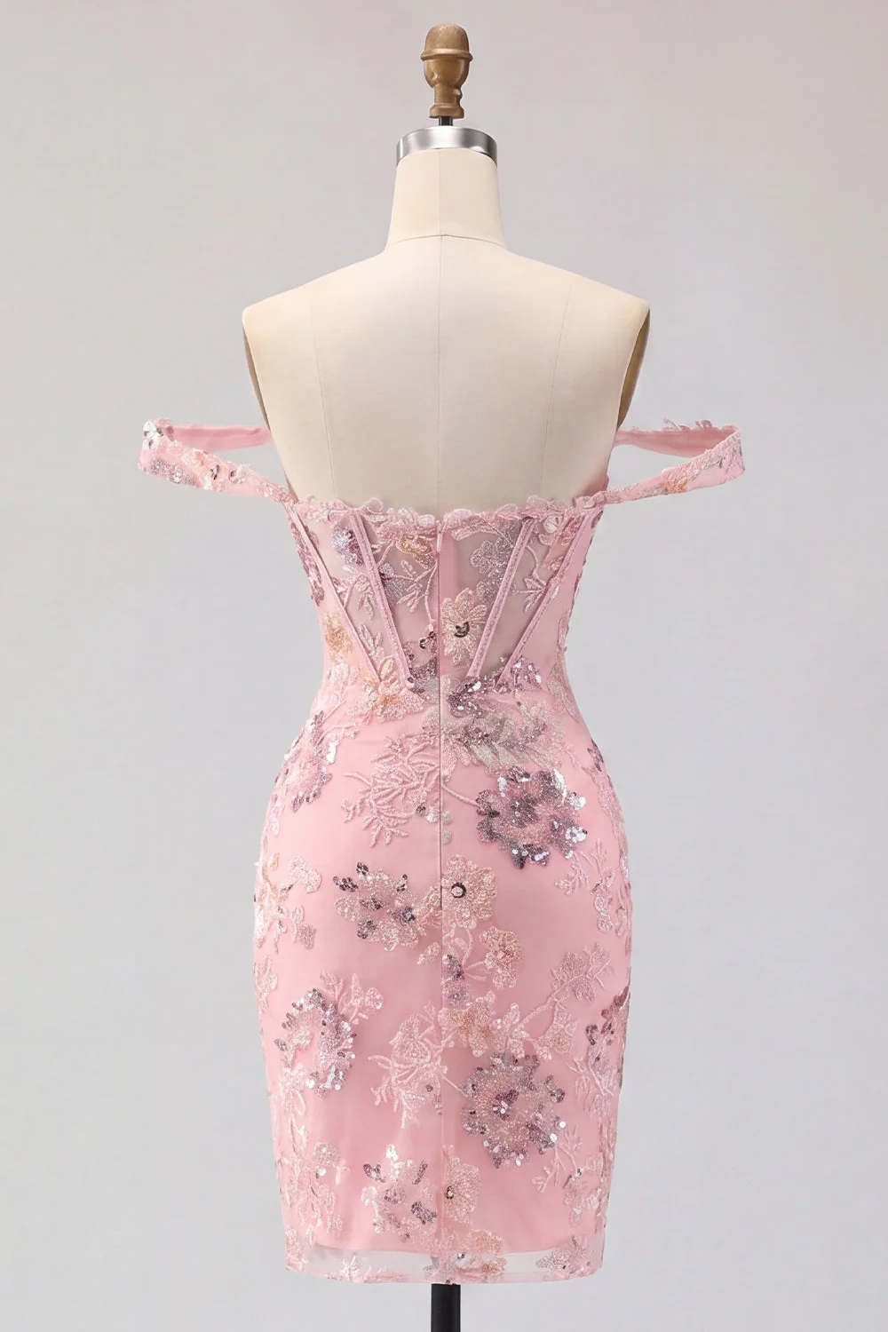 Off the Shoulder Blush Bodycon Sheer Corset Party Dress with Sequins - Image 2