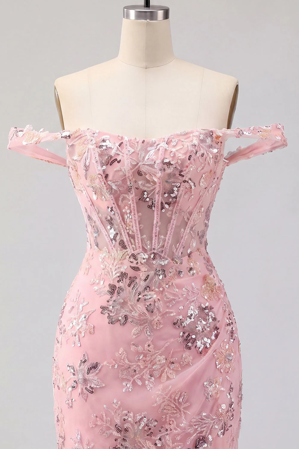 Off the Shoulder Blush Bodycon Sheer Corset Party Dress with Sequins - Image 7