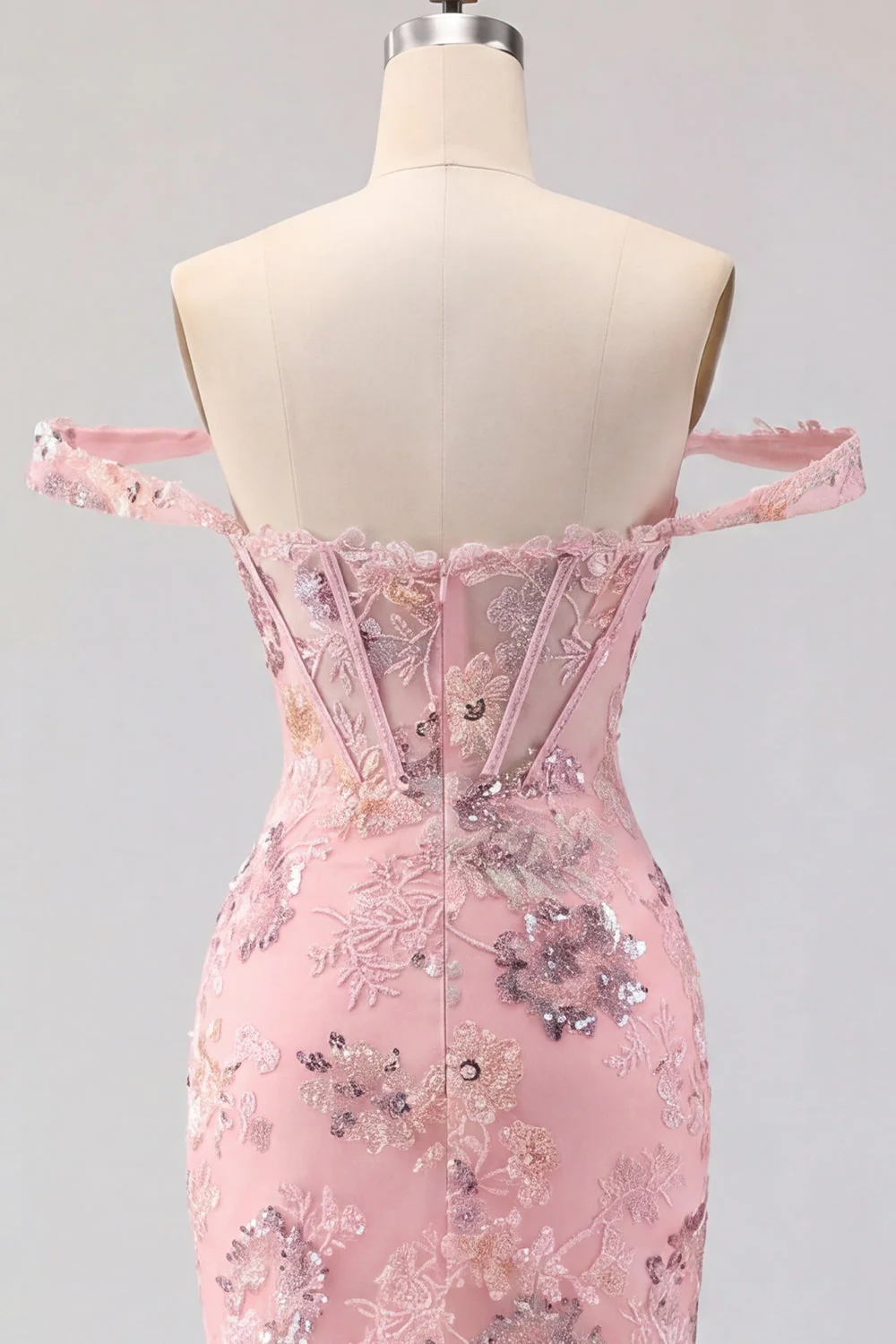 Off the Shoulder Blush Bodycon Sheer Corset Party Dress with Sequins - Image 8